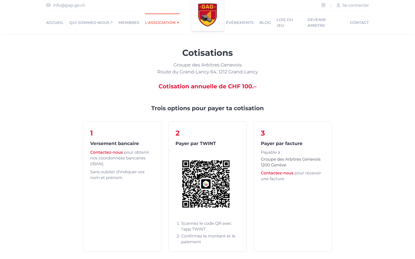 Page de cotisation avec son QR TWINT