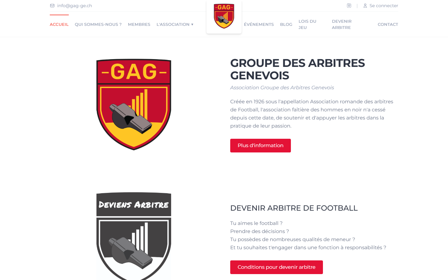 Page d'accueil publique du site des arbitres genevois